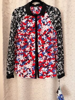 Peter Pilotto Red, White & Blue Floral-Print Button Shirt with Black Trim